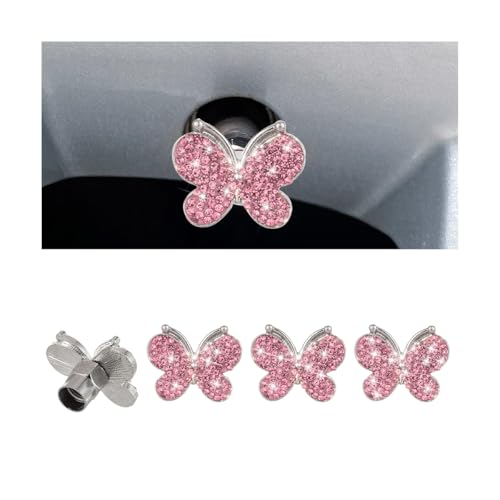 Sandfren 4PCS Bling Car Tire Valve Stem Caps Butterfly Rhinestone Vehicle Wheel Air Cover Diamond Dustproof Automotive Stem Decor Accessories Universal for SUVs Trucks Motorcycles Pink - Image 1