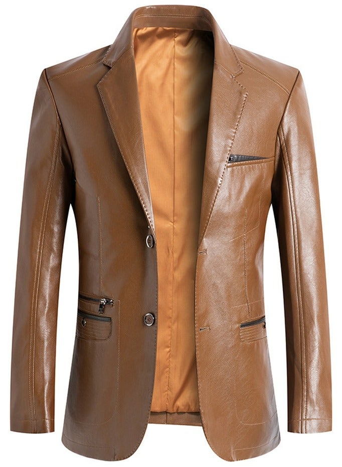 Loquat Men's Regular Fit Button Slim Business Lambskin Leather Blazer Suit Jacket Camel  - Image 1