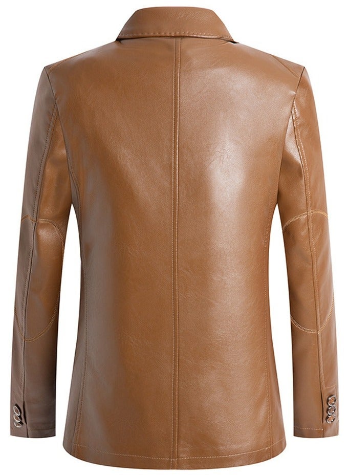 Loquat Men's Regular Fit Button Slim Business Lambskin Leather Blazer Suit Jacket Camel  - Image 2