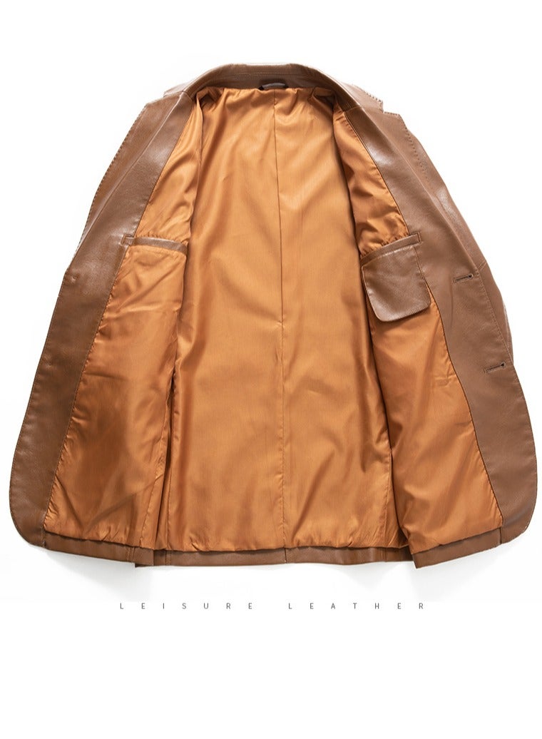 Loquat Men's Regular Fit Button Slim Business Lambskin Leather Blazer Suit Jacket Camel  - Image 3