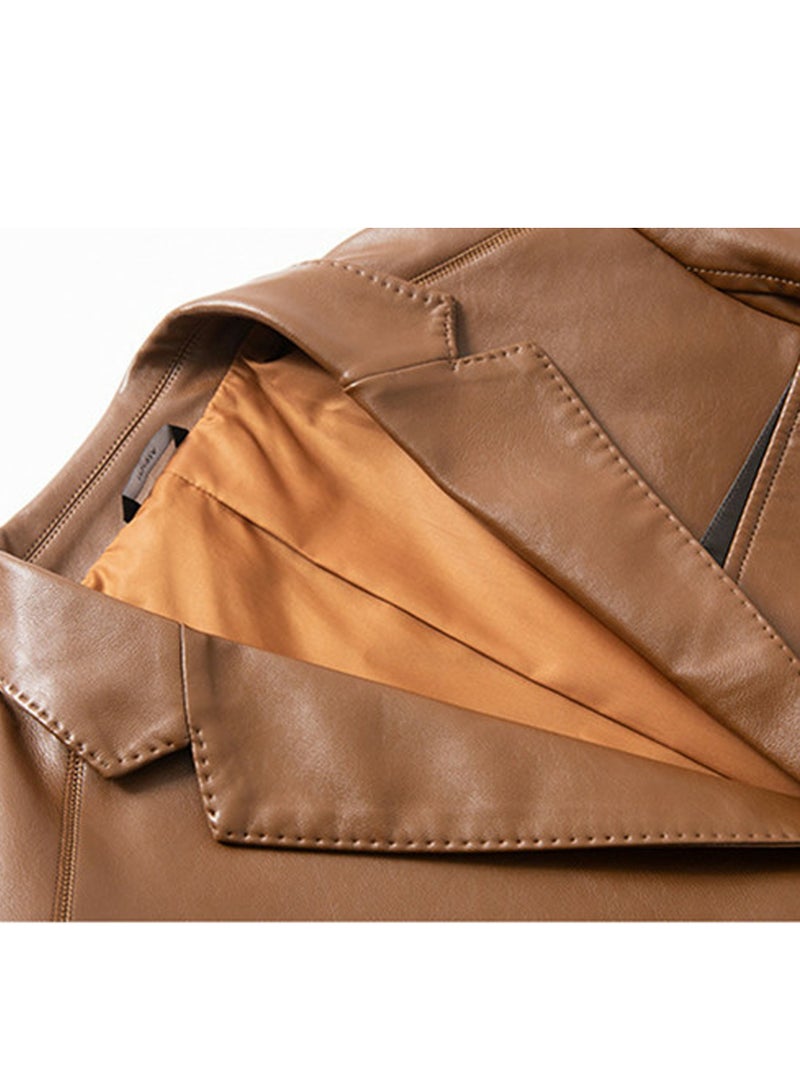 Loquat Men's Regular Fit Button Slim Business Lambskin Leather Blazer Suit Jacket Camel  - Image 4