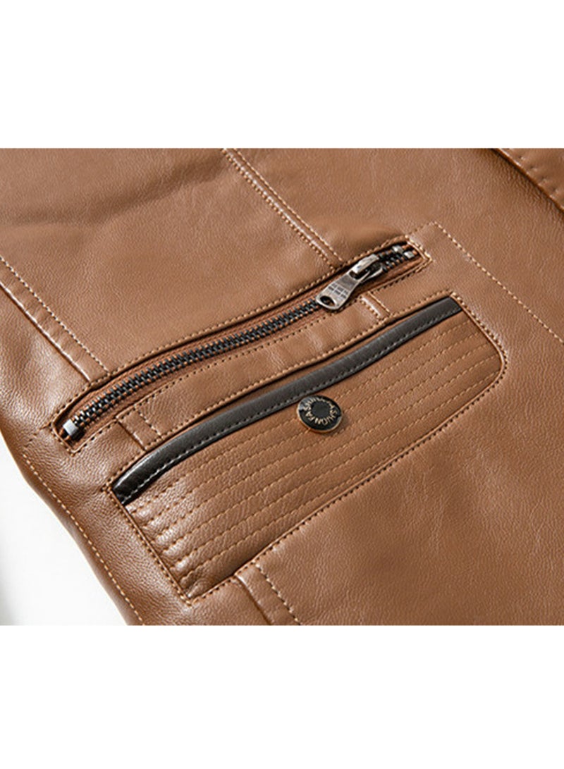 Loquat Men's Regular Fit Button Slim Business Lambskin Leather Blazer Suit Jacket Camel  - Image 5