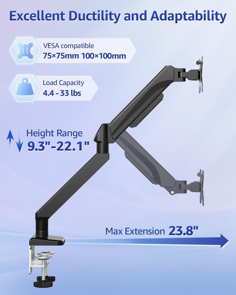 MOUNTUP Heavy Duty Single Monitor Arm for 42 40 39 34 32 27Inch Screens, Monitor Stand for Desk Supports 4.4-33 lbs, Height Adjustable Ultrawide Monitors Mount with C-Clamp & Grommet Base - Image 3