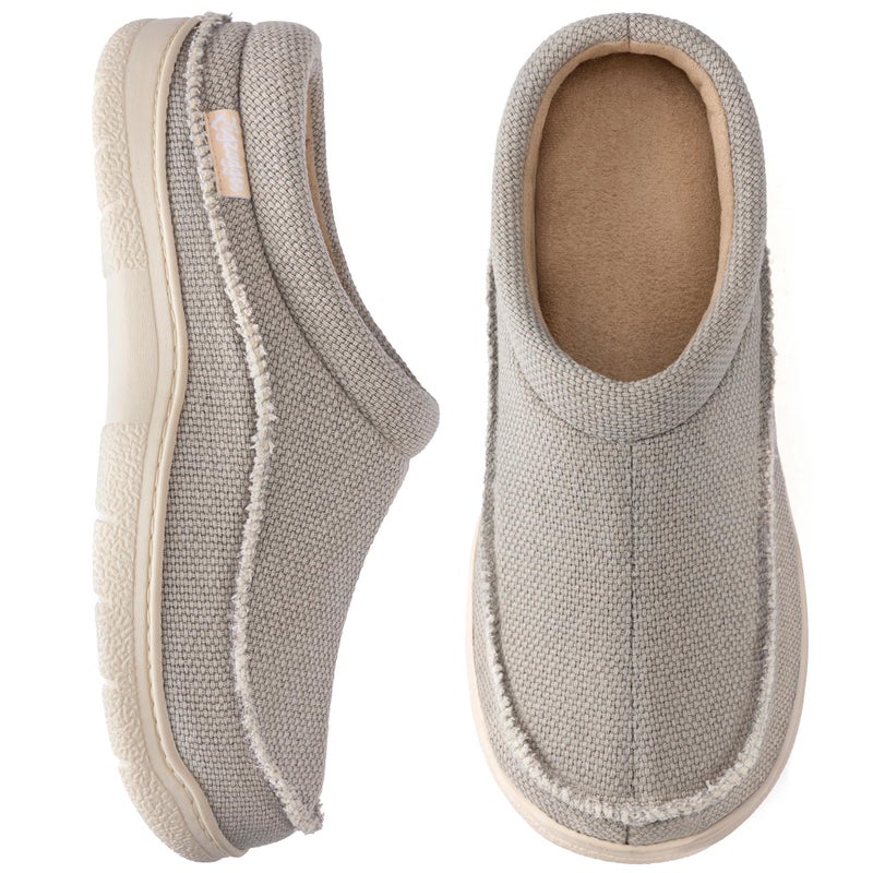 Zigzagger Men's Canvas Slip On Moccasin Slippers, Indoor/Outdoor Breathable Fuzzy Comfy House Shoes, Fluffy Wide Loafer Slippers(Light Grey 13-14) - Image 1