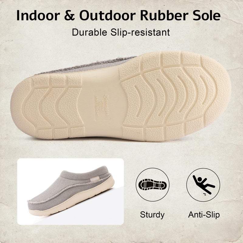 Zigzagger Men's Canvas Slip On Moccasin Slippers, Indoor/Outdoor Breathable Fuzzy Comfy House Shoes, Fluffy Wide Loafer Slippers(Light Grey 13-14) - Image 5