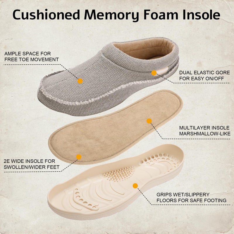 Zigzagger Men's Canvas Slip On Moccasin Slippers, Indoor/Outdoor Breathable Fuzzy Comfy House Shoes, Fluffy Wide Loafer Slippers(Light Grey 13-14) - Image 4