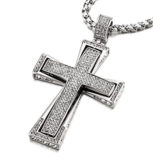 COOLSTEELANDBEYOND Men Women EXTRA LARGE Steel Cross Pendant Necklace with Cubic Zirconia, 30 inches Wheat Chain - Image 1
