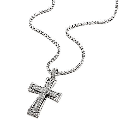 COOLSTEELANDBEYOND Men Women EXTRA LARGE Steel Cross Pendant Necklace with Cubic Zirconia, 30 inches Wheat Chain - Image 3