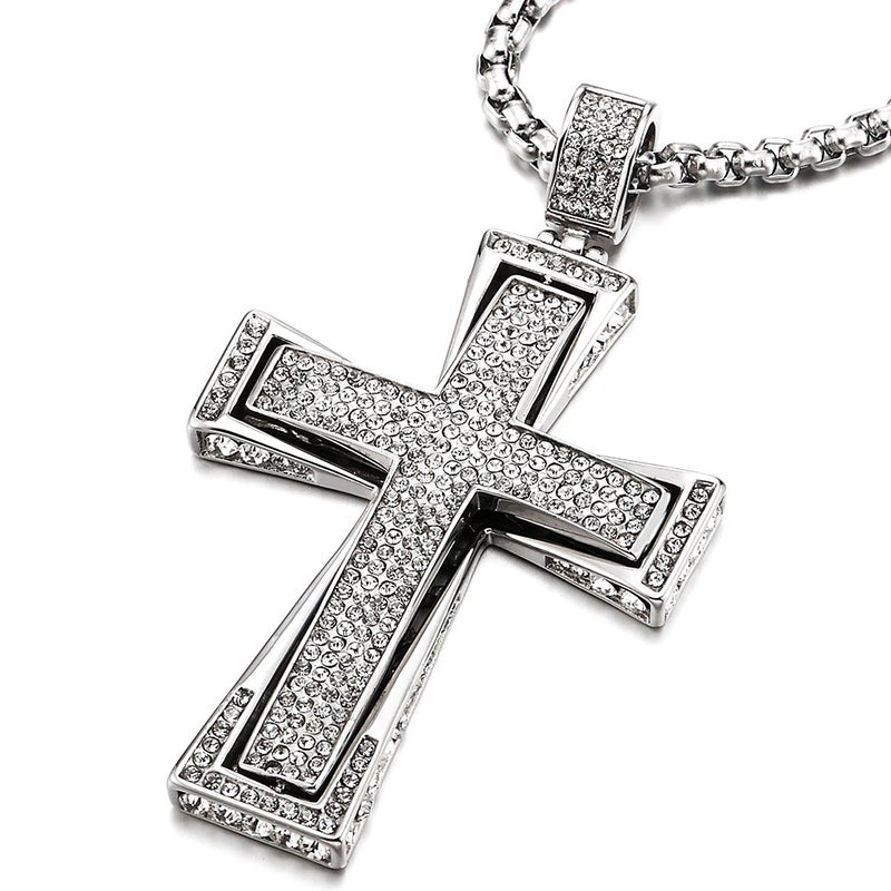 COOLSTEELANDBEYOND Men Women EXTRA LARGE Steel Cross Pendant Necklace with Cubic Zirconia, 30 inches Wheat Chain - Image 5