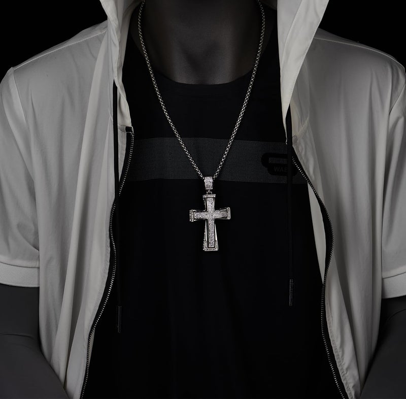 COOLSTEELANDBEYOND Men Women EXTRA LARGE Steel Cross Pendant Necklace with Cubic Zirconia, 30 inches Wheat Chain - Image 2