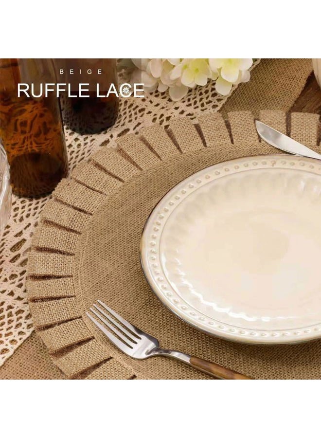 FunWheat Burlap Round Braided Placemats Set of 6 for Dining Tables 15 Inch Heat Resistant Jute Table Mats Farmhouse Woven Fabric Natural Place mats (Ruffled Lace) - Image 4