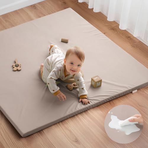Blissful Diary Vegan Leather Baby Play Mat, 47x47 Thicken Foam Cushioned & Waterproof Playpen Mat for Infants and Toddlers, Stylish and Just Wipe-Clean Playmat for Baby Play on Floor, Taupe - Image 1