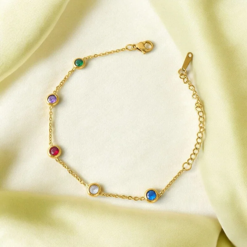 بالموناس PALMONAS 18k Gold Tone Plated Multi Crystal Charm Bracelet
 for Women