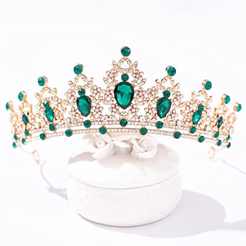 FORSEVEN Crystal Tiaras and Crowns for Women and Girls - Wedding and Birthday Party Princess Hair Accessories - Bride Rhinestone Headbands (Gold+Green) - Image 2