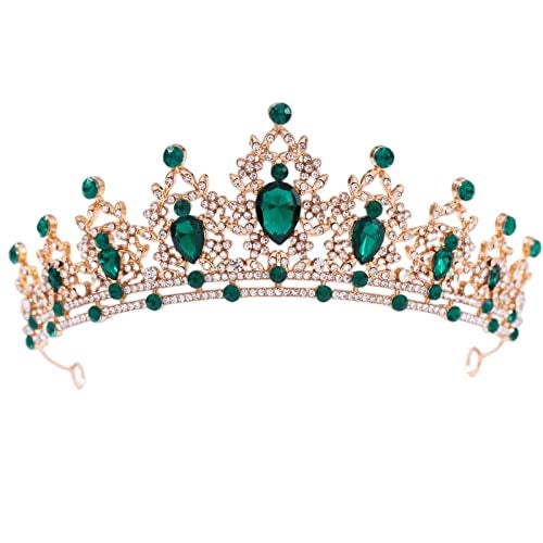 FORSEVEN Crystal Tiaras and Crowns for Women and Girls - Wedding and Birthday Party Princess Hair Accessories - Bride Rhinestone Headbands (Gold+Green) - Image 1