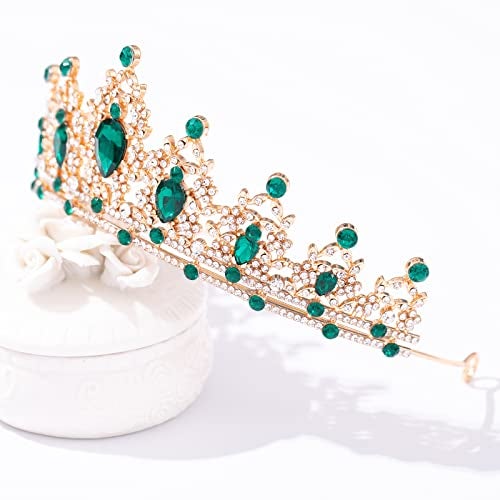 FORSEVEN Crystal Tiaras and Crowns for Women and Girls - Wedding and Birthday Party Princess Hair Accessories - Bride Rhinestone Headbands (Gold+Green) - Image 4