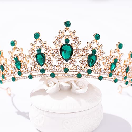 FORSEVEN Crystal Tiaras and Crowns for Women and Girls - Wedding and Birthday Party Princess Hair Accessories - Bride Rhinestone Headbands (Gold+Green) - Image 3