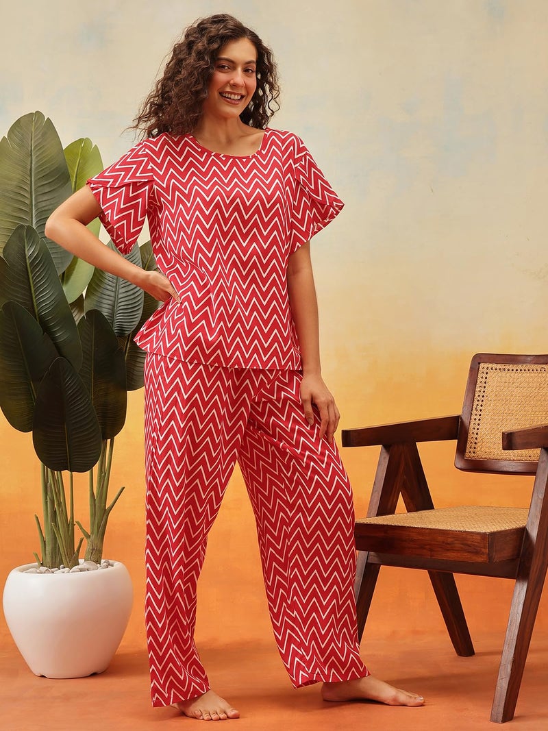 Clovia Rayon Night Suits for Women, Night Dresses for Women, Pajama Set for Women, Women's Night Suit Set, Night Wear for Women, Lounge Wear Set for Women - Top & Pyjama Set (Red - Striped, Medium) - Image 2