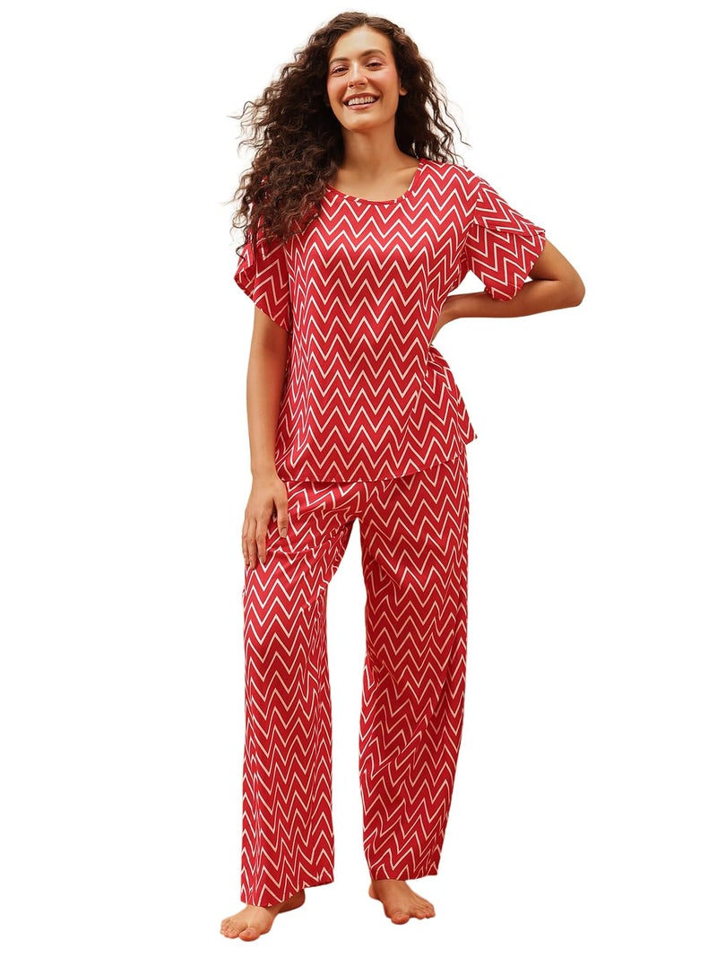 Clovia Rayon Night Suits for Women, Night Dresses for Women, Pajama Set for Women, Women's Night Suit Set, Night Wear for Women, Lounge Wear Set for Women - Top & Pyjama Set (Red - Striped, Medium) - Image 1