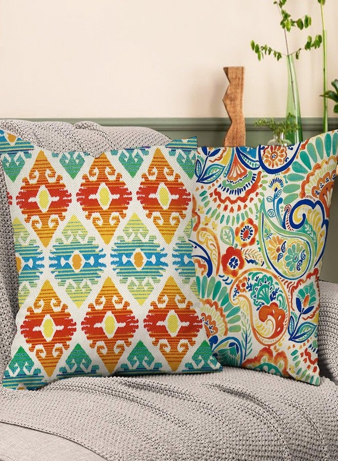 Fjfz Colorful Paisley Decorative Throw Pillow Covers 18 x 18 Set of 4, Boho Floral Modern Geometric Porch Outdoor Home Decor, Bohemian Ethnic Flower Sofa Couch Cushion Case - Image 5