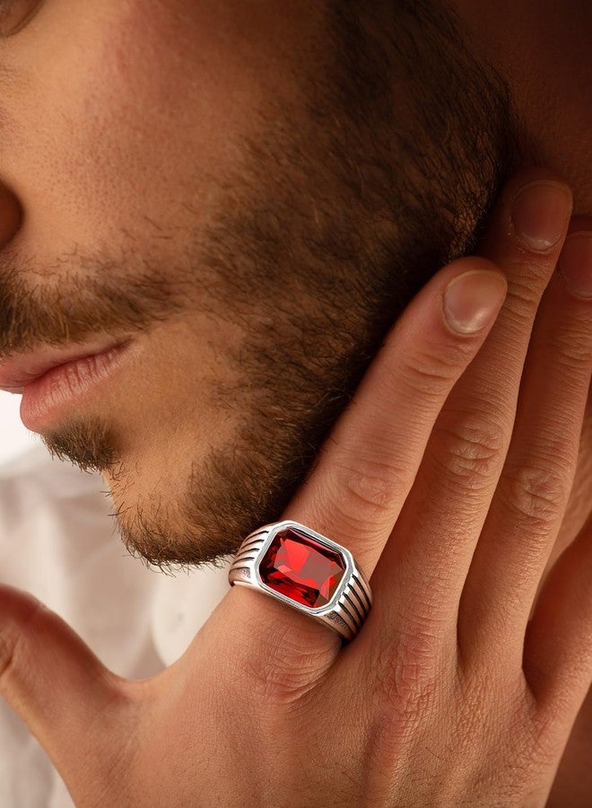 Bestyle Mens Signet Pinky Ring - Stainless Steel, Synthetic Princess Cut Red Garnet Cocktail Ring - Everyday Casual Size 10 - Image 2