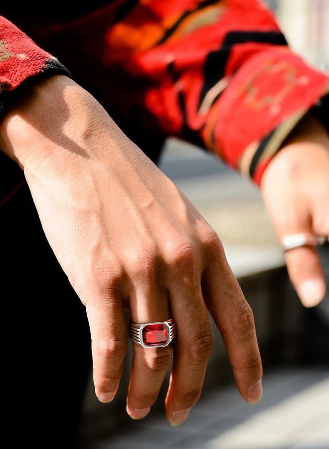 Bestyle Mens Signet Pinky Ring - Stainless Steel, Synthetic Princess Cut Red Garnet Cocktail Ring - Everyday Casual Size 10 - Image 3