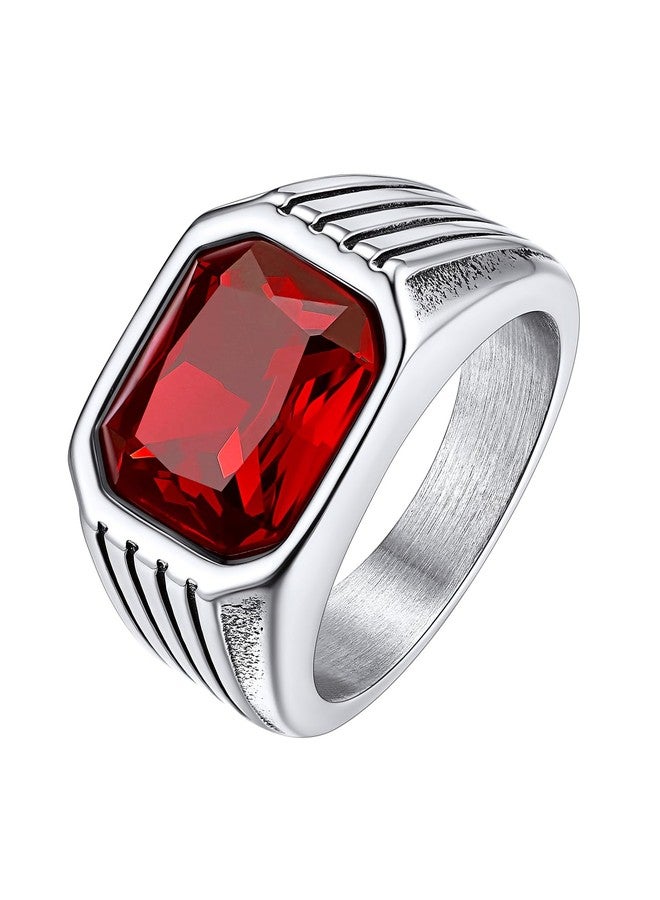 Bestyle Mens Signet Pinky Ring - Stainless Steel, Synthetic Princess Cut Red Garnet Cocktail Ring - Everyday Casual Size 10 - Image 1