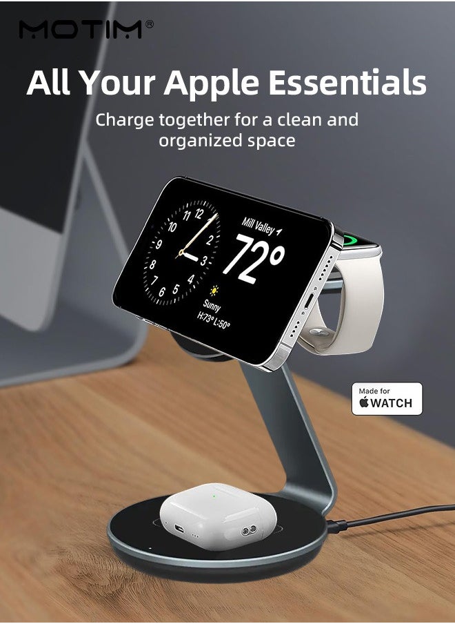 Motim - 3-in-1 Wireless Charger Stand with MagSafe, Removable Made for Apple Watch Certified Charger, MagSafe Fast Charging Station, Magnetic Charger Dock, iPhone 15/14/13/12 Series, Apple Watch, Apple AirPods Pro/3/2 - Image 1