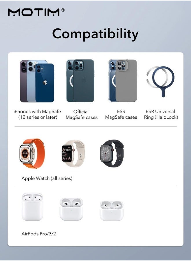Motim - 3-in-1 Wireless Charger Stand with MagSafe, Removable Made for Apple Watch Certified Charger, MagSafe Fast Charging Station, Magnetic Charger Dock, iPhone 15/14/13/12 Series, Apple Watch, Apple AirPods Pro/3/2 - Image 1