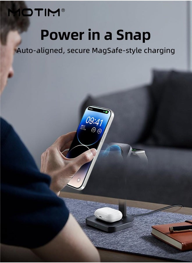 Motim - 3-in-1 Wireless Charger Stand with MagSafe, Removable Made for Apple Watch Certified Charger, MagSafe Fast Charging Station, Magnetic Charger Dock, iPhone 15/14/13/12 Series, Apple Watch, Apple AirPods Pro/3/2 - Image 1