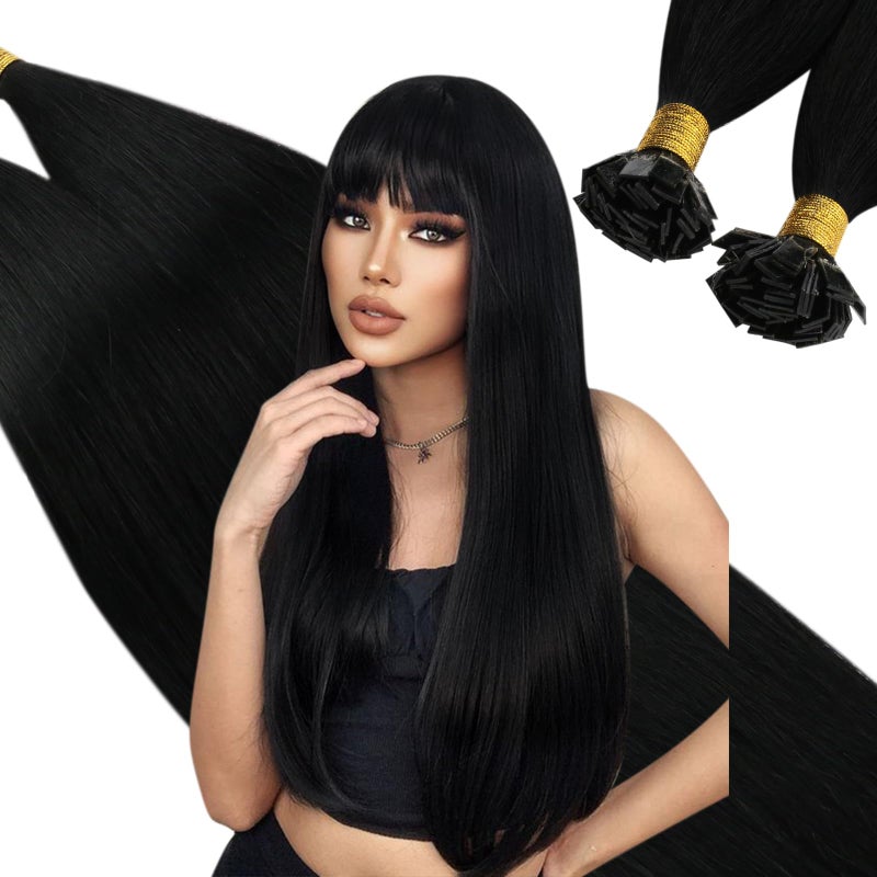 Ugeat 20 Inch Ktip Human Hair Extensions Jet Black Flat Tip Hair Extensions Human Hair for Women 1 Pre Bonded Keratin Tip for Summer Daily Wear Breathable 50s 50G