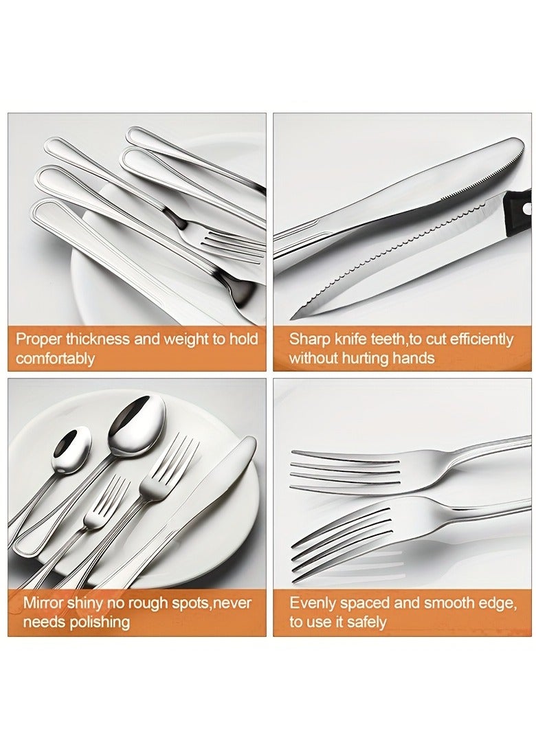Arabest Kitchen And Household Flatware Set, 24-Piece Silver Flatware Set With Knife, Fork, Spoon And Steak Knife, Serves 4, Striped Handle Design, Dishwasher Safe, Silver - Image 4