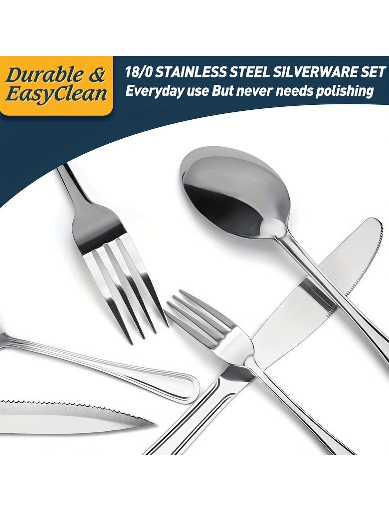 Arabest Kitchen And Household Flatware Set, 24-Piece Silver Flatware Set With Knife, Fork, Spoon And Steak Knife, Serves 4, Striped Handle Design, Dishwasher Safe, Silver - Image 5