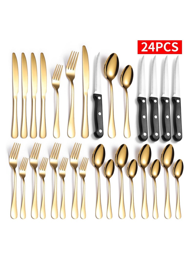 Arabest Kitchen And Household Flatware Set, 24-Piece Silver Flatware Set With Knife, Fork, Spoon And Steak Knife, Serves 4, Striped Handle Design, Dishwasher Safe, Silver - Image 1