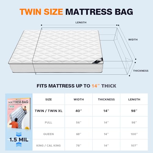 Axgatoxe Plastic Mattress Bag for Moving Storage Waterproof Mattress Cover Mattress Protector for Moving Supplies Twin Size 15MIL - Image 3