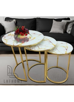 LHFHOMT LHFHOMT Nesting Tables Set of 3 Pieces, Round Coffee table, Ceramics Glass Top, Strong Gold Metal Frame for Living Room,Sofa Side  - Image 1