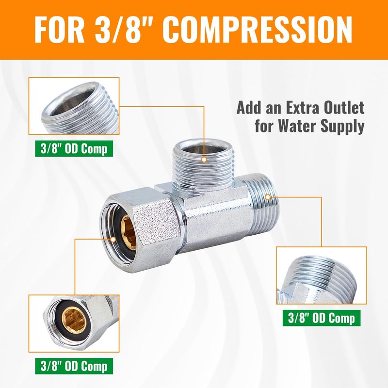 SUNGATOR 3/8" Compression Tee Valve, 3 Way Water Line Splitter, Add-Tee Valve 3/8" Compression Inlet x 3/8" Compression Outlet x 3/8" Compression Outlet, No Lead Brass with A Sealing Tape(2PCS) - Image 2