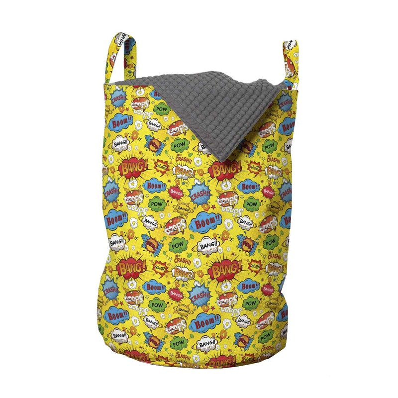 Lunarable Superhero Laundry Bag, Humor Speech Bubbles Funky Vivid Bang Boom Bam Pow Fiction Design, Hamper Basket with Handles Drawstring Closure for Laundromats, 13" x 19", Yellow Red - Image 1
