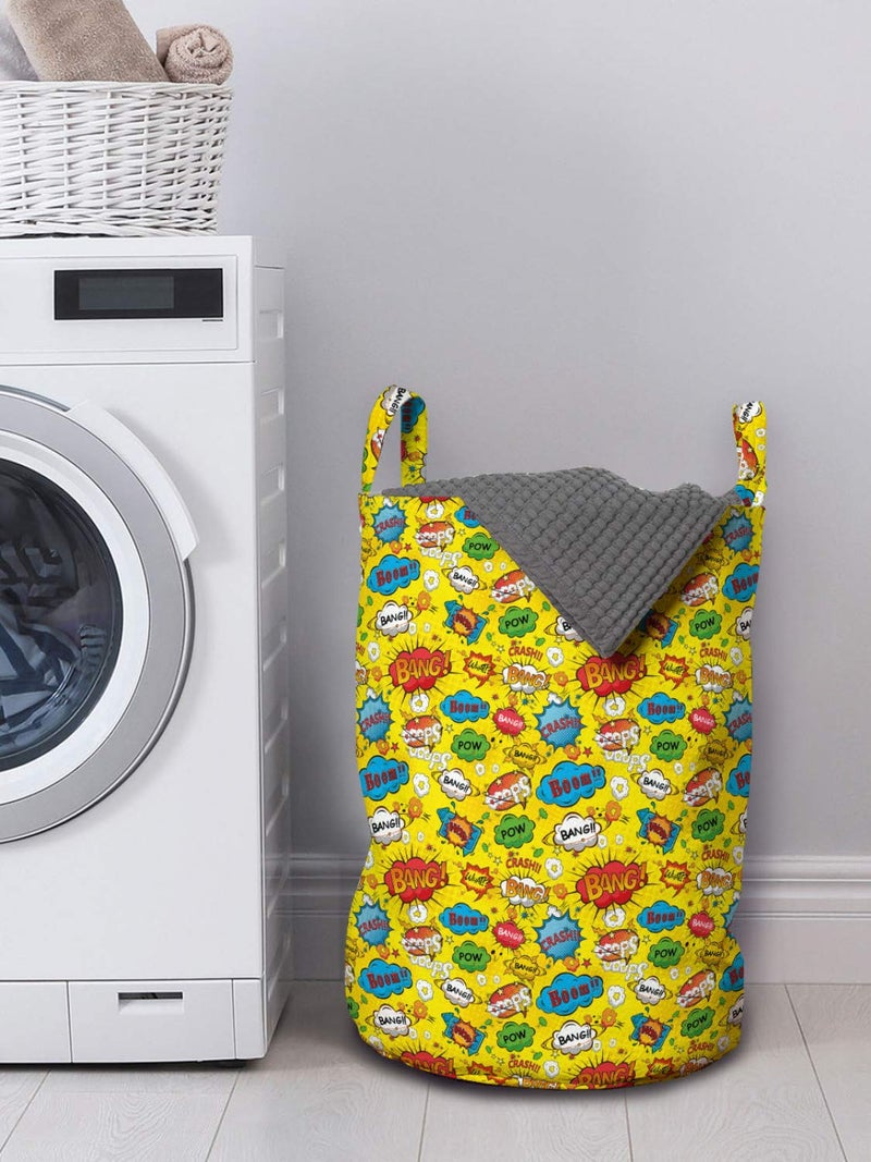 Lunarable Superhero Laundry Bag, Humor Speech Bubbles Funky Vivid Bang Boom Bam Pow Fiction Design, Hamper Basket with Handles Drawstring Closure for Laundromats, 13" x 19", Yellow Red - Image 2