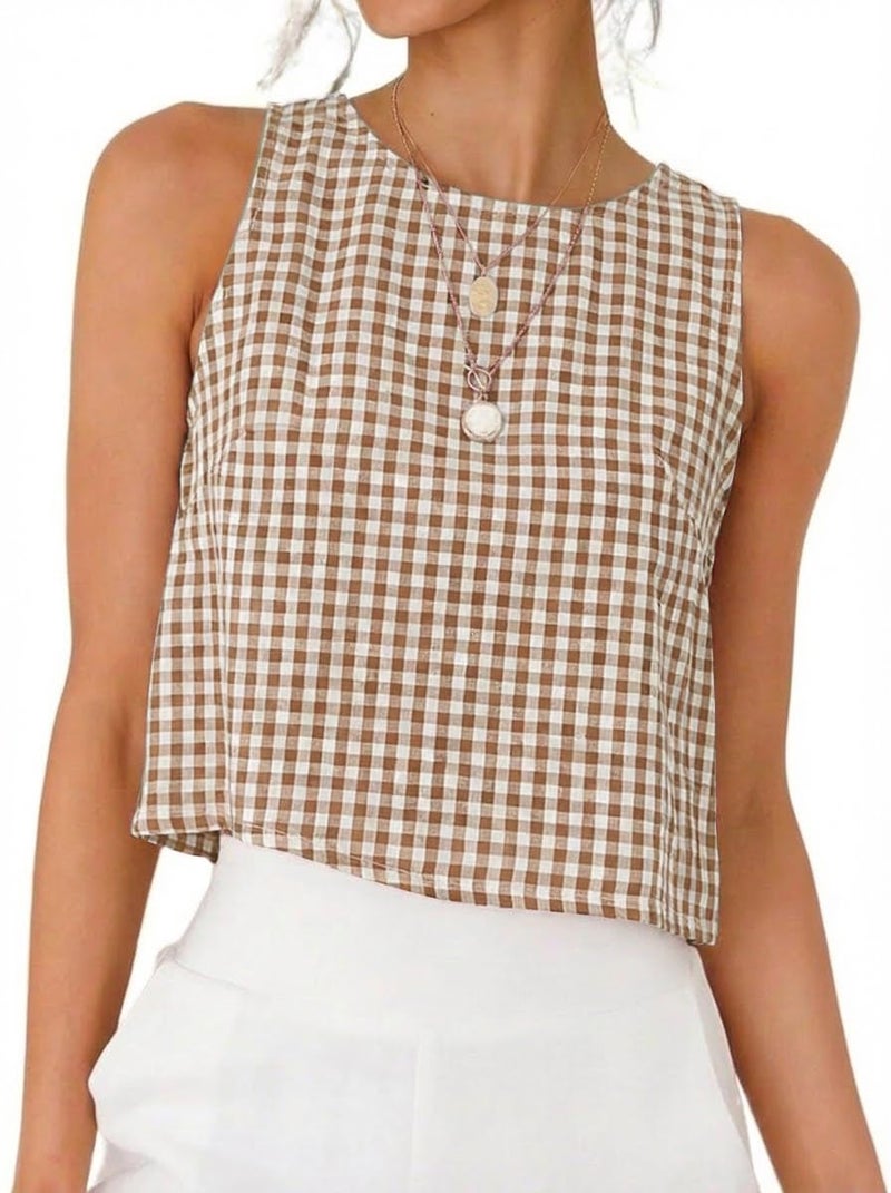 IDEALSANXUN Gingham Tank Top for Women 2026 Cotton Linen Cute Crop Summer Tops Sleeveless Plaid Shirts Blouses Beach Vacation Clothes, Z Dark Khaki, S - Image 1