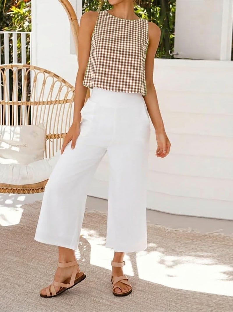 IDEALSANXUN Gingham Tank Top for Women 2026 Cotton Linen Cute Crop Summer Tops Sleeveless Plaid Shirts Blouses Beach Vacation Clothes, Z Dark Khaki, S - Image 3