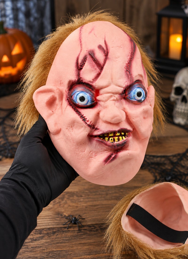 Trentor Halloween Chucky Creepy Doll Mask with Pale Face, Blue Eyes and Stitched Scars - Image 3