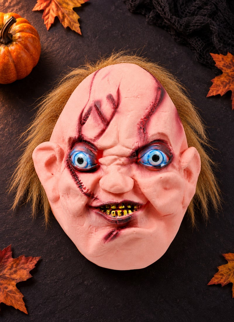 Trentor Halloween Chucky Creepy Doll Mask with Pale Face, Blue Eyes and Stitched Scars - Image 1