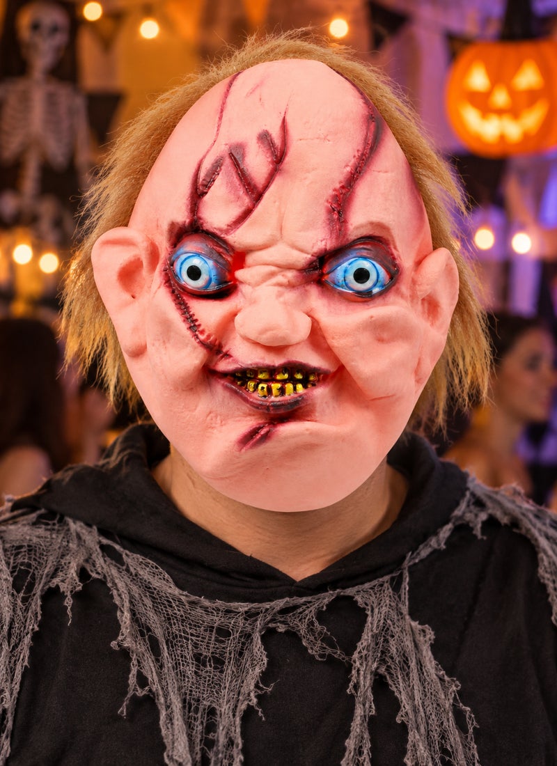 Trentor Halloween Chucky Creepy Doll Mask with Pale Face, Blue Eyes and Stitched Scars - Image 2