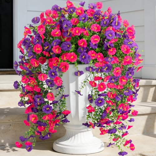 ADXORA Fake Artificial Hanging Morning Glory Flowers for Outdoor Planters Porch Pation Decoration,2 Bundles UV Resistant Silk Faux Flowers with Realistic Eucalyptus Plants for Home Office Garden Decor - Image 1