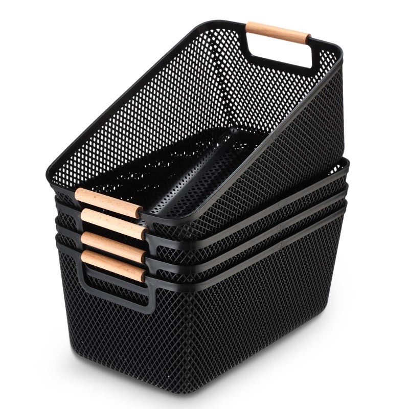 Tioncy 4 Pcs Plastic Mesh Baskets with Wood Handle Woven Mesh Storage Organizer Bins Multifunction Rectangle Baskets for Home Pantries Shelves Closet Kitchens Bedrooms104 x 72 x 47 Inches - Image 2