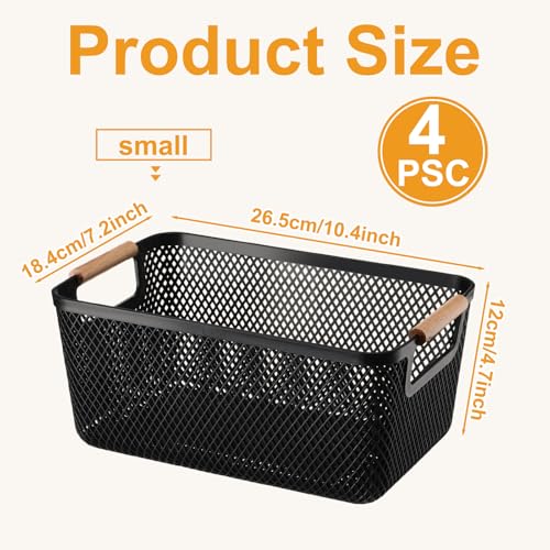 Tioncy 4 Pcs Plastic Mesh Baskets with Wood Handle Woven Mesh Storage Organizer Bins Multifunction Rectangle Baskets for Home Pantries Shelves Closet Kitchens Bedrooms104 x 72 x 47 Inches - Image 3