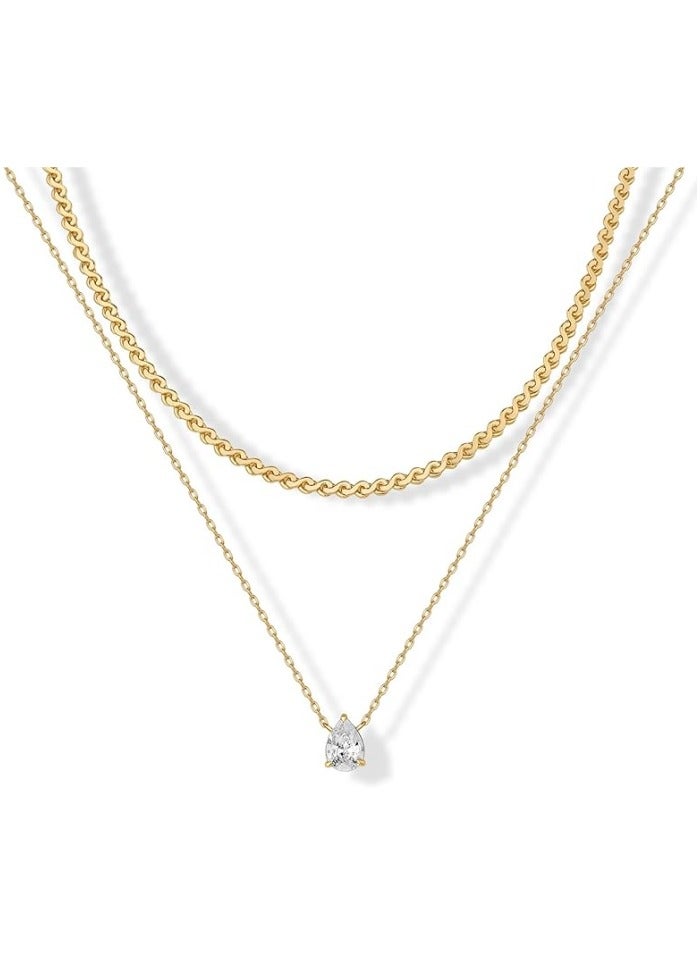 طقم قلادتين مطليتين بالذهب عيار 14K: قلادة متدلية بتصميم سلسلة سنغافورة ملتوية مع حجر دائري منفرد، وقلادة بتصميم سلسلة متعرجة مع حجر معلق على شكل كمثرى - طقم أنيق للنساء. - Image 1