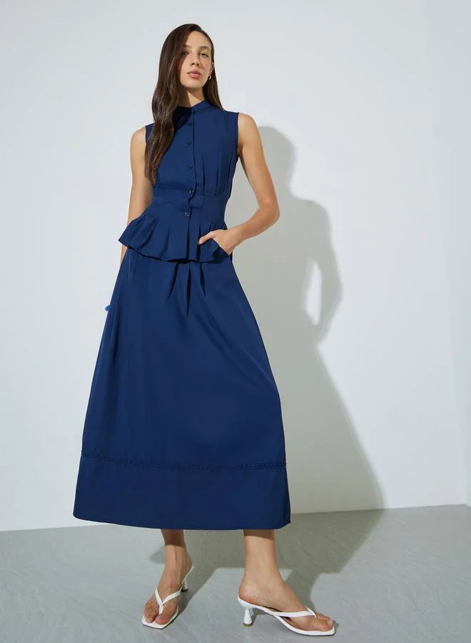 Styli Solid Sleeveless Top And A-Line Pleated with Lace Trim Midi Skirt Set