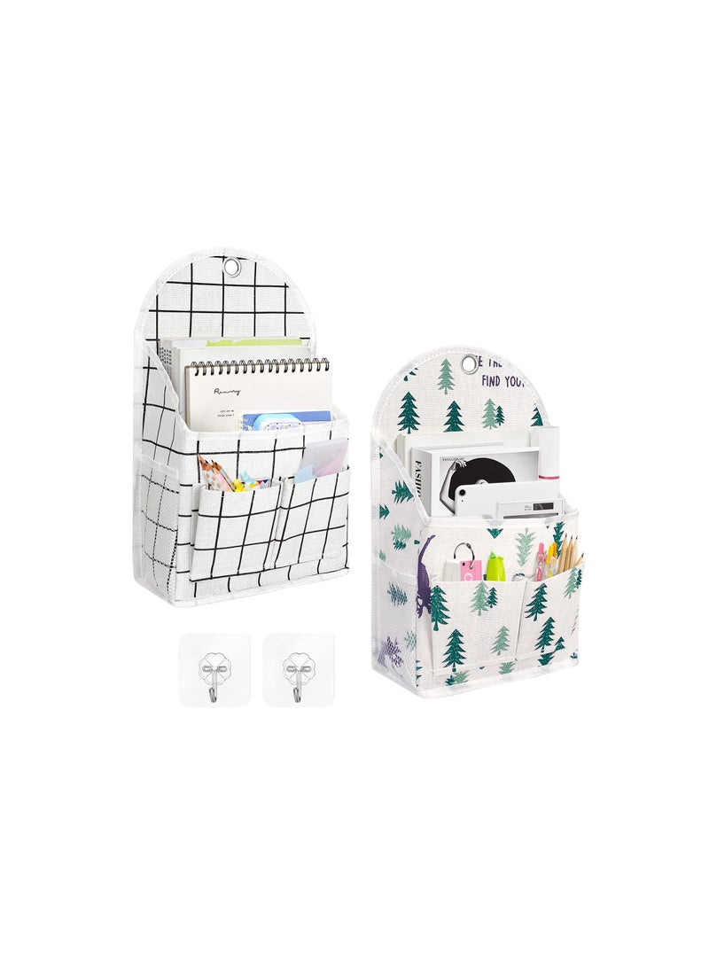 2 Pack Wall Hanging Organizer Bag with Pockets - Waterproof Fabric Storage Caddy for Over the Door or Closet Shelves, Ideal for Kitchen, Bedroom, Bathroom, and Dormitory (White Plaid + Deer) - Image 1